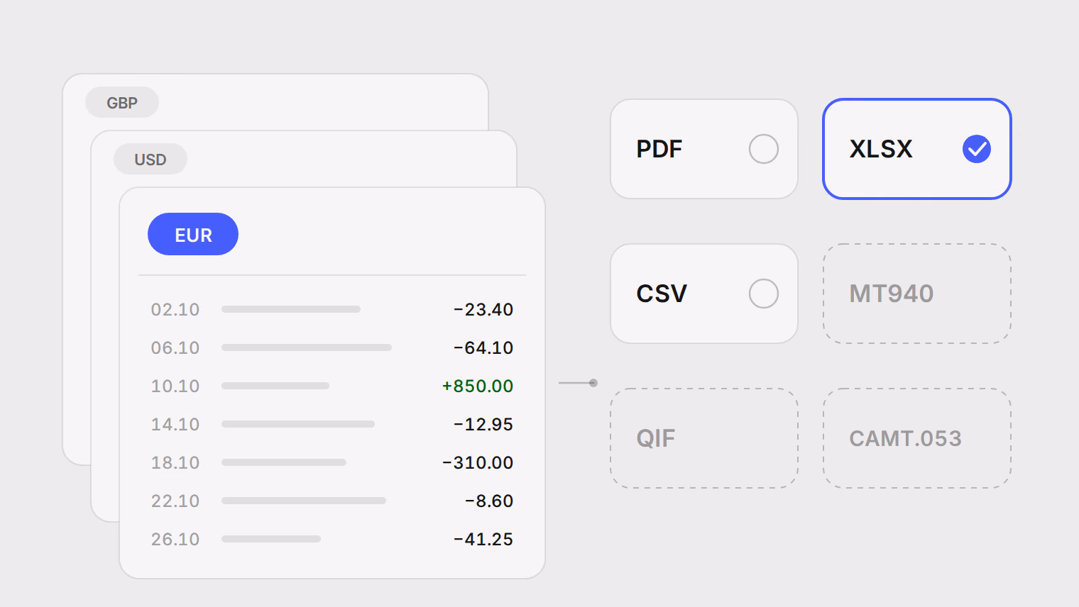 Three Wise balance statements stacked by currency, GBP, USD and EUR, beside six export formats: PDF, XLSX and CSV available, with XLSX selected, and MT940, QIF and CAMT.053 shown faded.